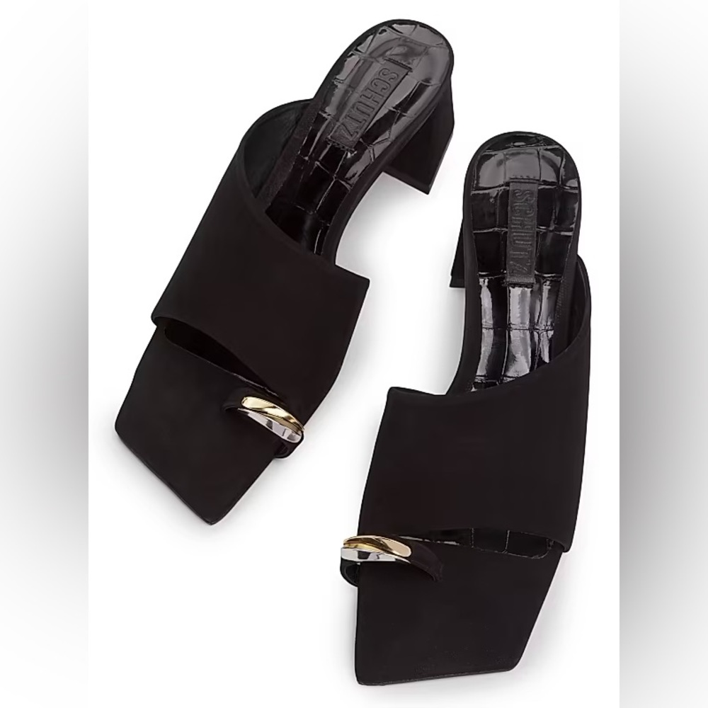 SCHUTZ Jodie Block Heel Suede Black Mules w Gold Embellishment Square Toe Shoes
